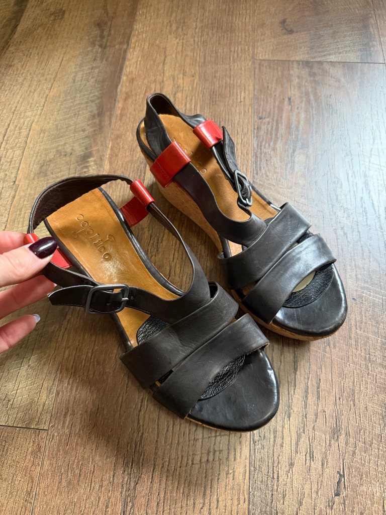 Coclico Black Leather Open-Toe Slingback Sandals With Red Heel Detail